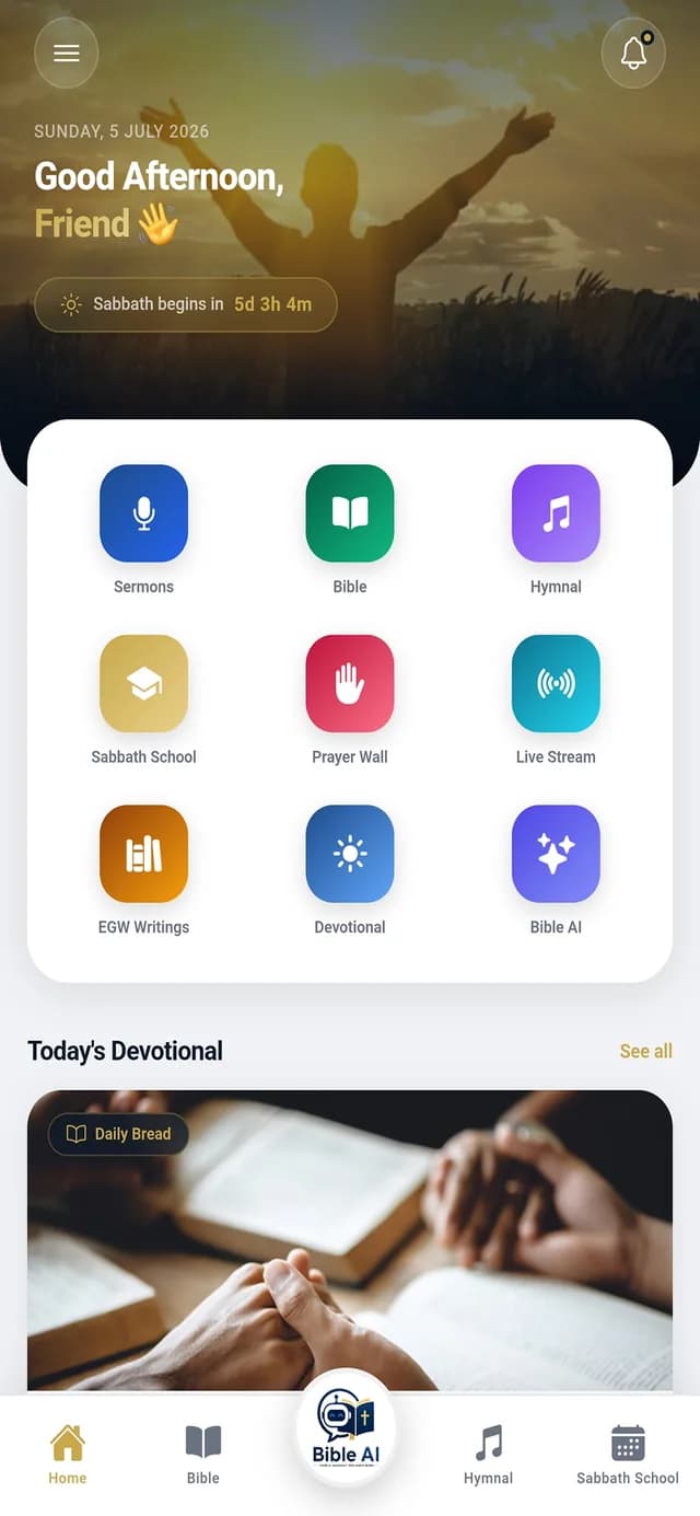 The Blessed Hope home screen: a Sabbath countdown above a grid of shortcuts to Sermons, Bible, Hymnal, Sabbath School, Prayer Wall, Live Stream, EGW Writings, Devotional and Bible AI.